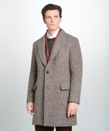 Brown British Wool Herringbone Peak Lapel Overcoat