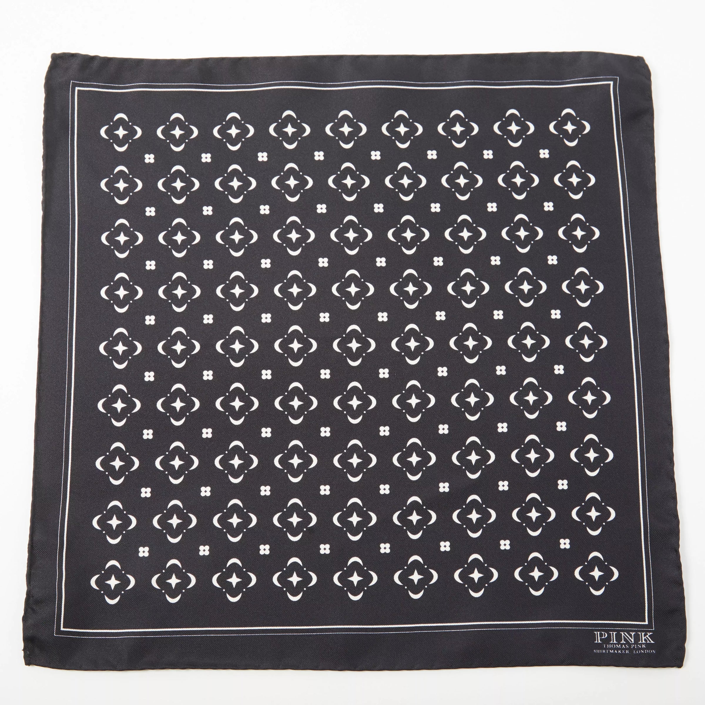 Black & White Flower Monogram Printed Silk Pocket Square