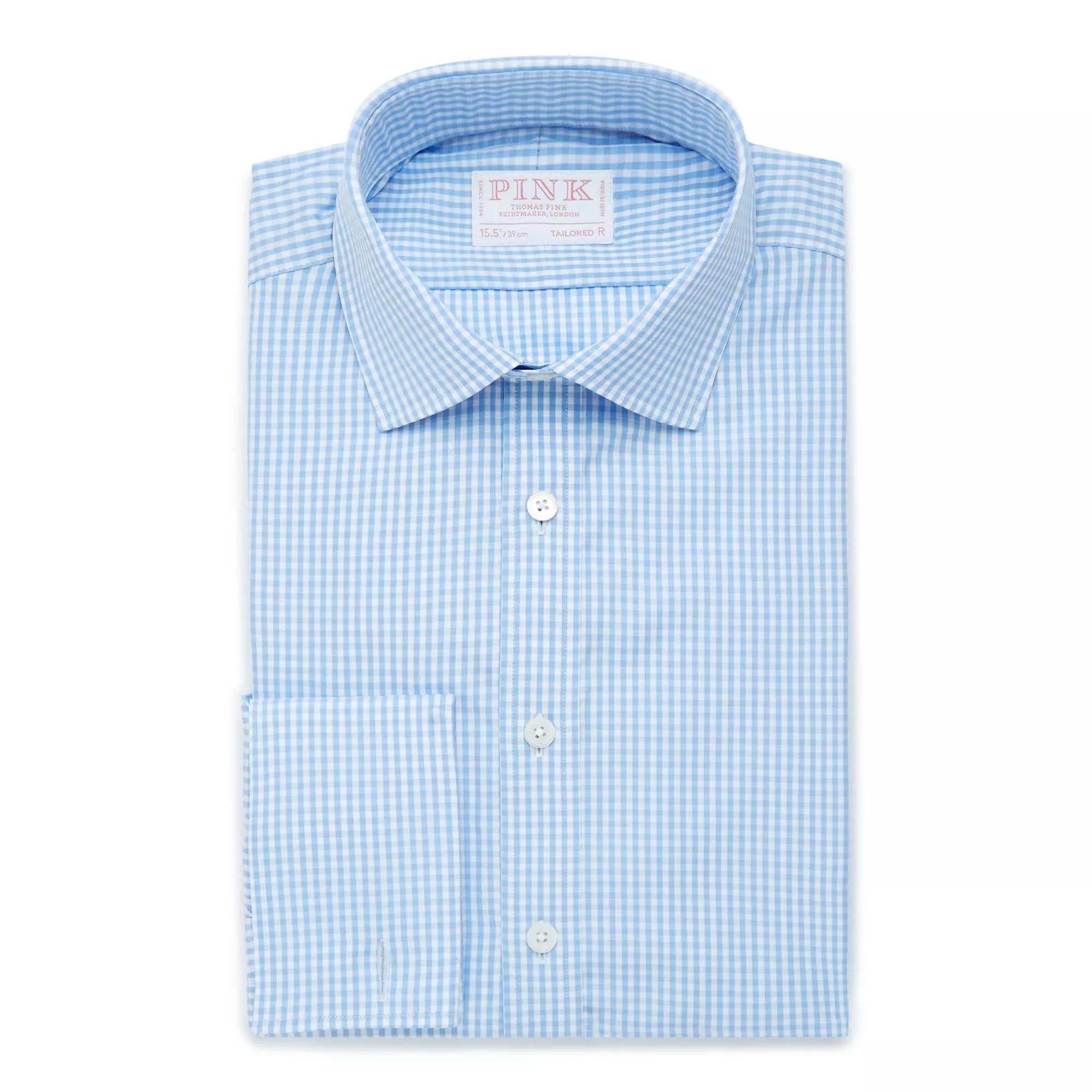 Pale Blue & White Tailored Fit Double Cuff Core Poplin Gingham Formal Shirt