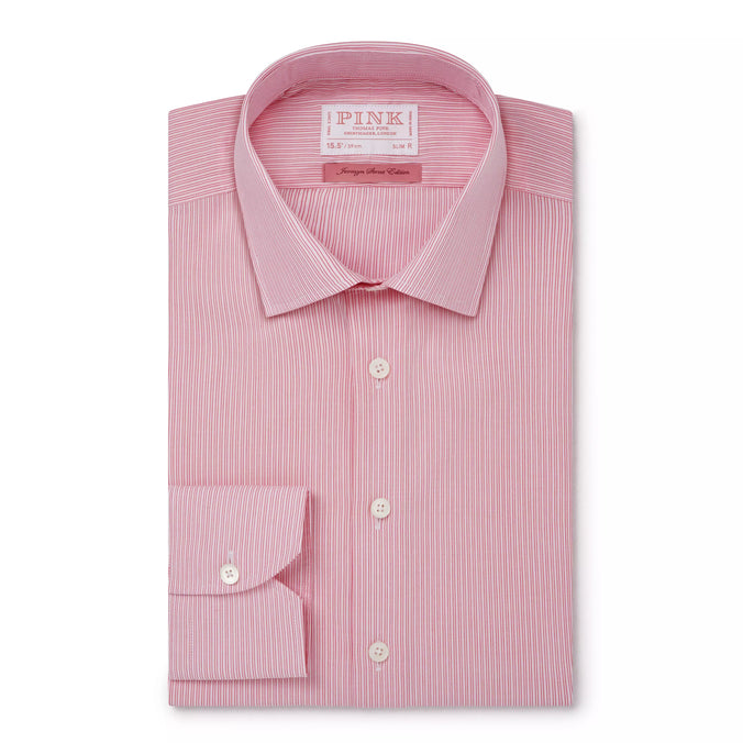 Pink & White Slim Fit Poplin Needle Stripe Formal Shirt